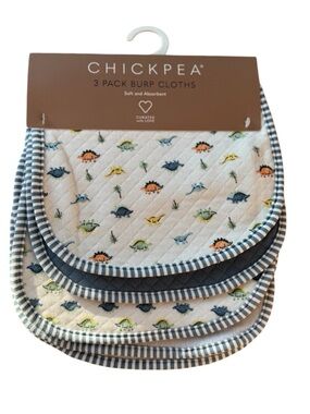 NWT Chick Pea 3 Pack Muslin Infant Burp Cloths, Blue Dinosaurs